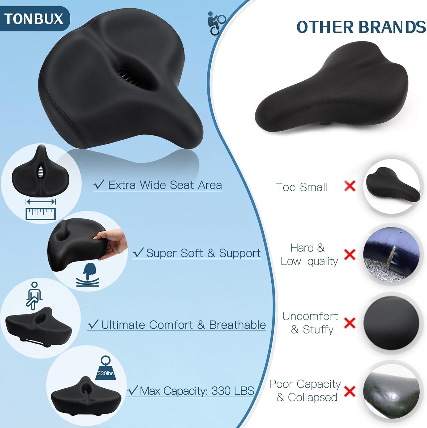 TONBUX Comfortable Women Men Bike Seat,Soft Foam Padded Bike Seats Wide for Exercise Road Mountain Peloton Spin Bikes Comfort
