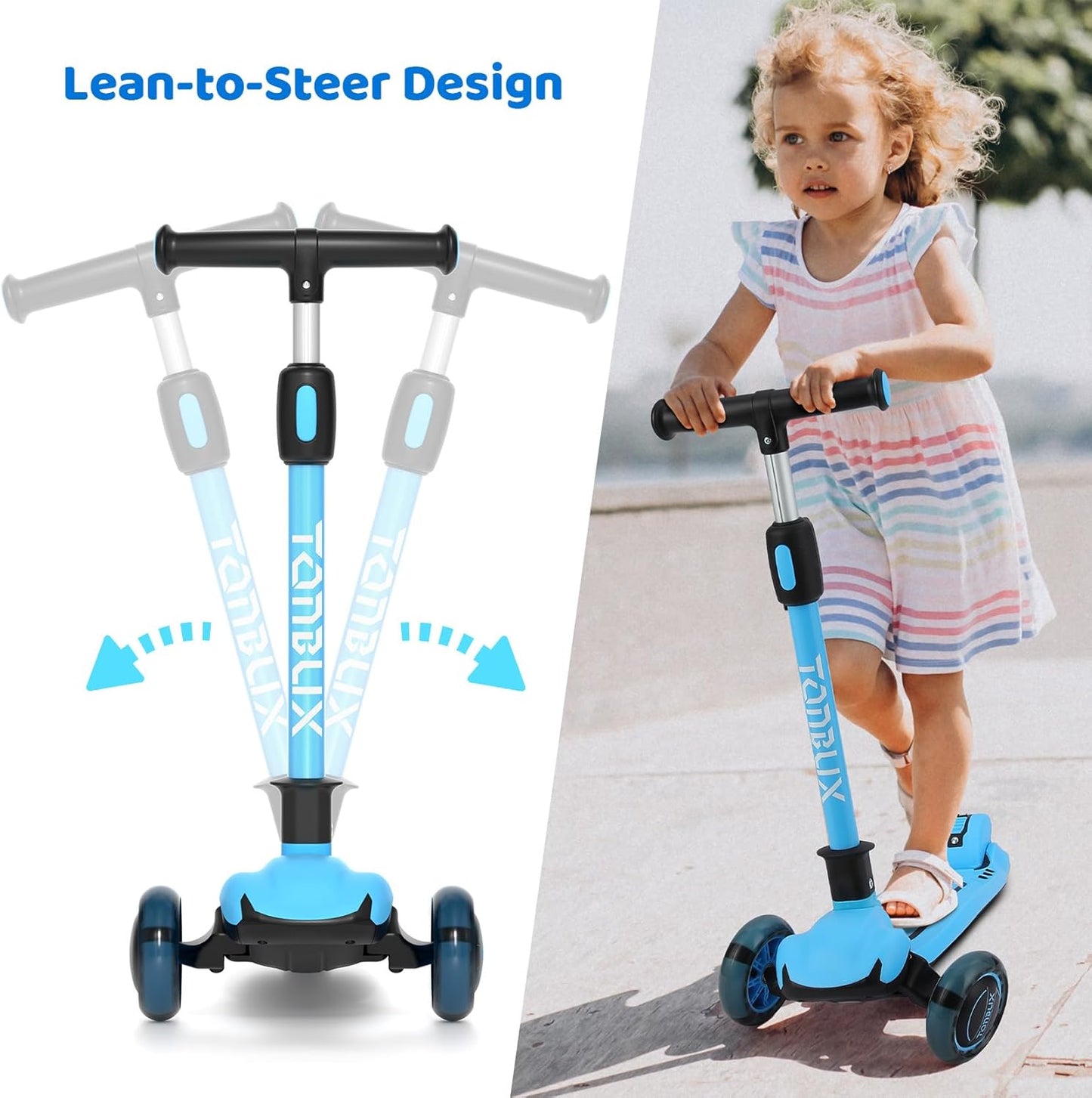 TONBUX Kids Scooter Light Up 3 Wheel Kick Scooters for Kids 3-5 Folding Scooters for Kids 8-12