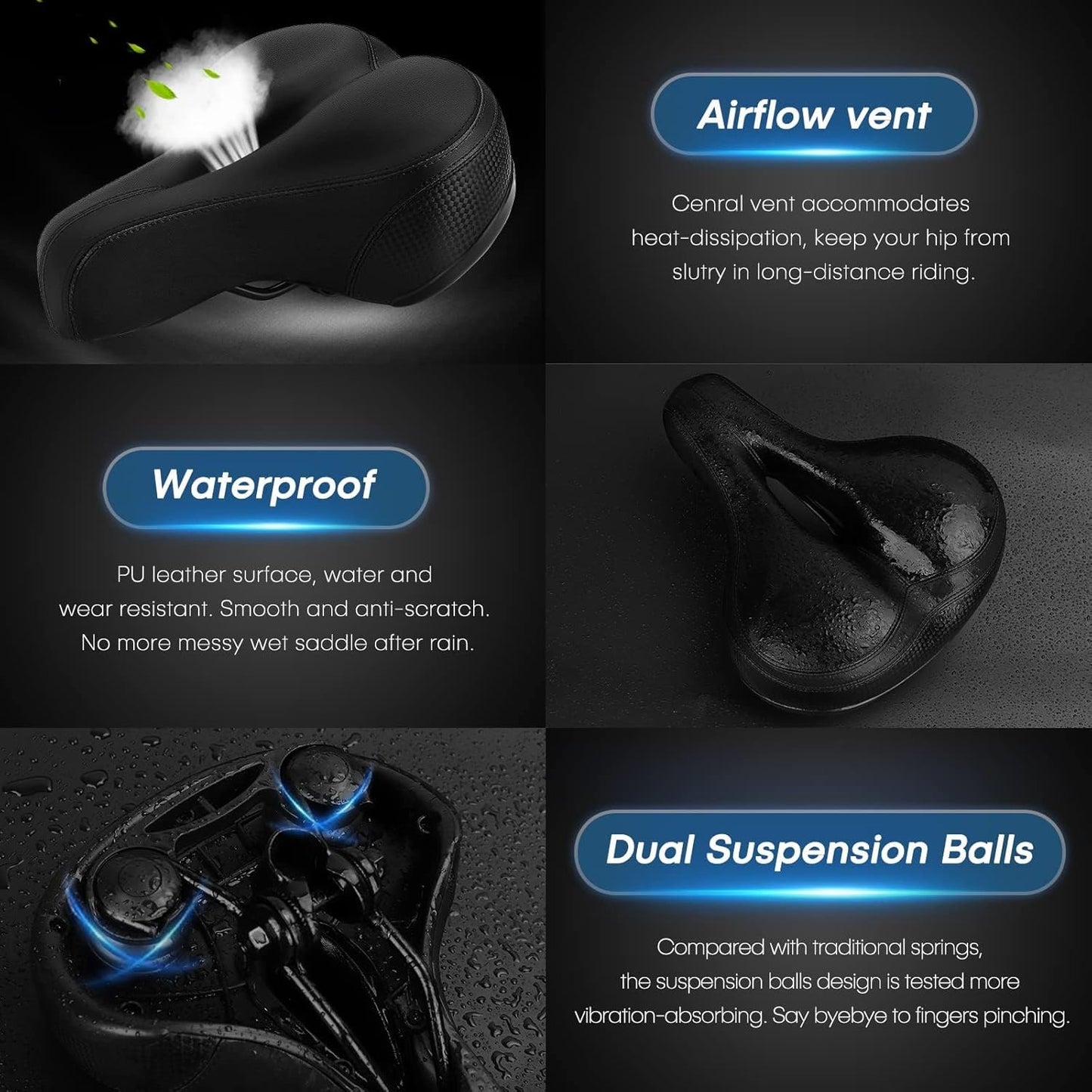 TONBUX Comfortable Bicycle Seat, Bike Seat Replacement with Dual Shock Absorbing Ball Wide Bike Seat