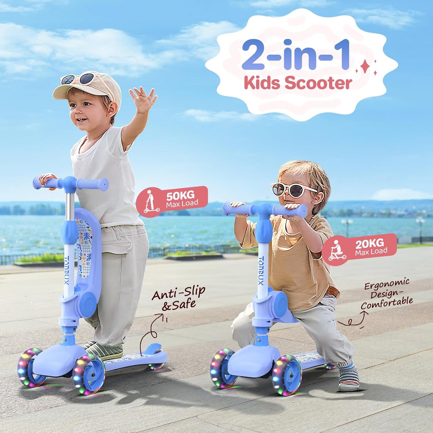TONBUX Kids Scooter with Seat, Kids Scooter 3-5 with PU Luminous