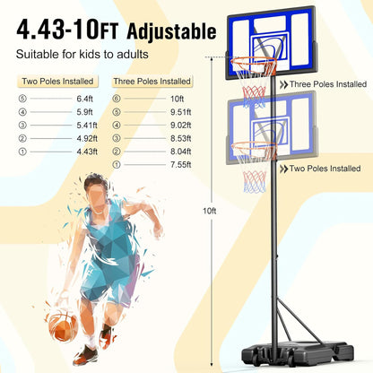 Toremore 44" Basketball Hoop Outdoor 4.43-10ft Adjustable, Portable Basketball Hoop Goal System with Shatterproof Backboard and Larger Base for Kids Youth and Adults, Blue