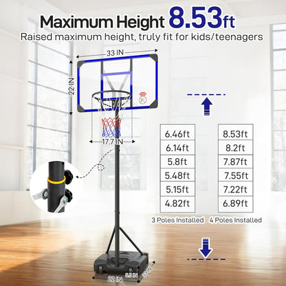 Toremore 33" Portable Basketball Hoop Outdoor Adjustable, 4.82-8.53FT, Kid Basketball Hoop Goal System with Shatterproof PC Backboard for Kids Youth and Adults,Blue