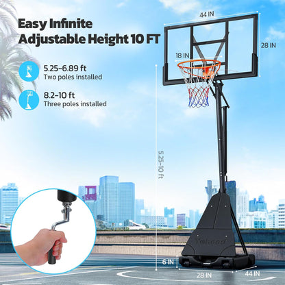 Toremore 44" Basketball Hoop Outdoor Adjustable, 5.25-10FT Portable Basketball Hoop Goal System with Shatterproof PC Backboard and Larger Base for Kids Youth and Adults