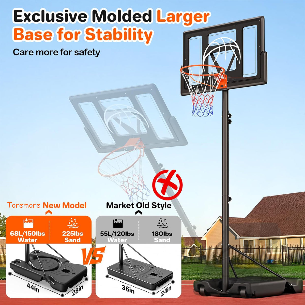 Toremore 44" Basketball Hoop Outdoor 4.43-10ft Adjustable, Portable Basketball Hoop Goal System with Shatterproof Backboard and Larger Base for Kids Youth and Adults