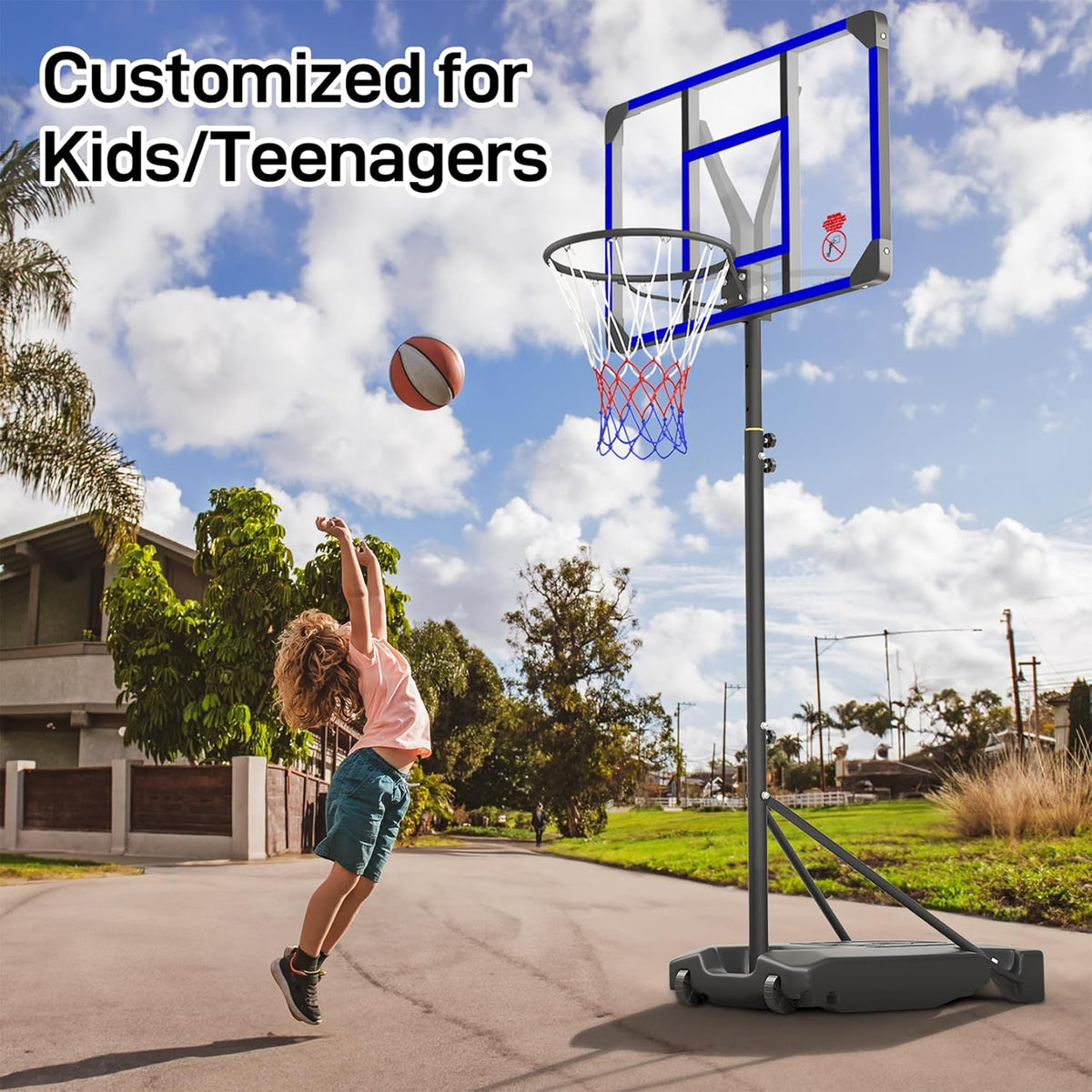 Toremore 33" Portable Basketball Hoop Outdoor Adjustable, 4.82-8.53FT, Kid Basketball Hoop Goal System with Shatterproof PC Backboard for Kids Youth and Adults,Blue