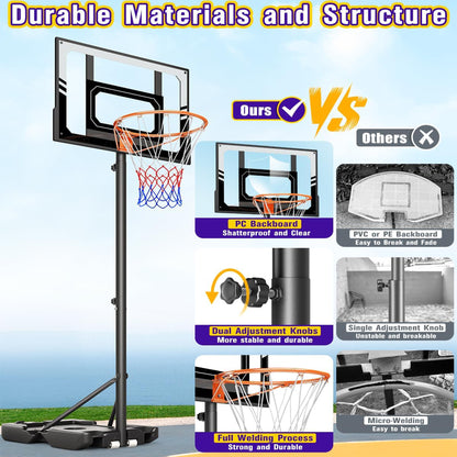 Toremore Kids Basketball Hoop Outdoor, 3.5-7ft Stepless Adjustable Height, Portable Basketball Hoop for Kids, Shatterproof PC Backboard