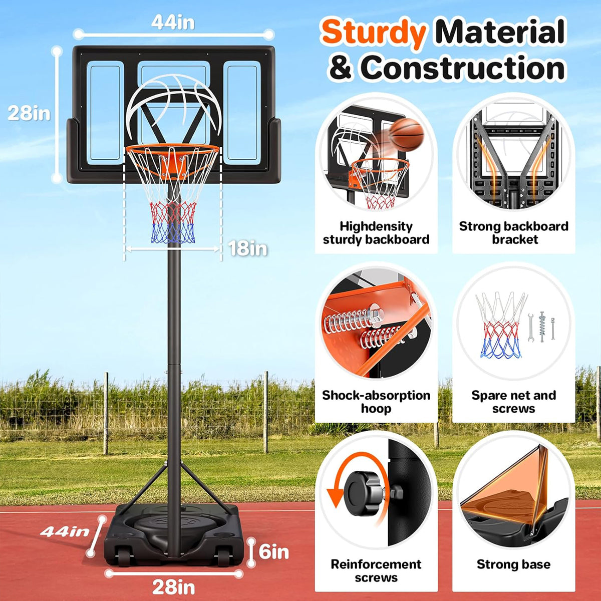 Toremore 44" Basketball Hoop Outdoor 4.43-10ft Adjustable, Portable Basketball Hoop Goal System with Shatterproof Backboard and Larger Base for Kids Youth and Adults