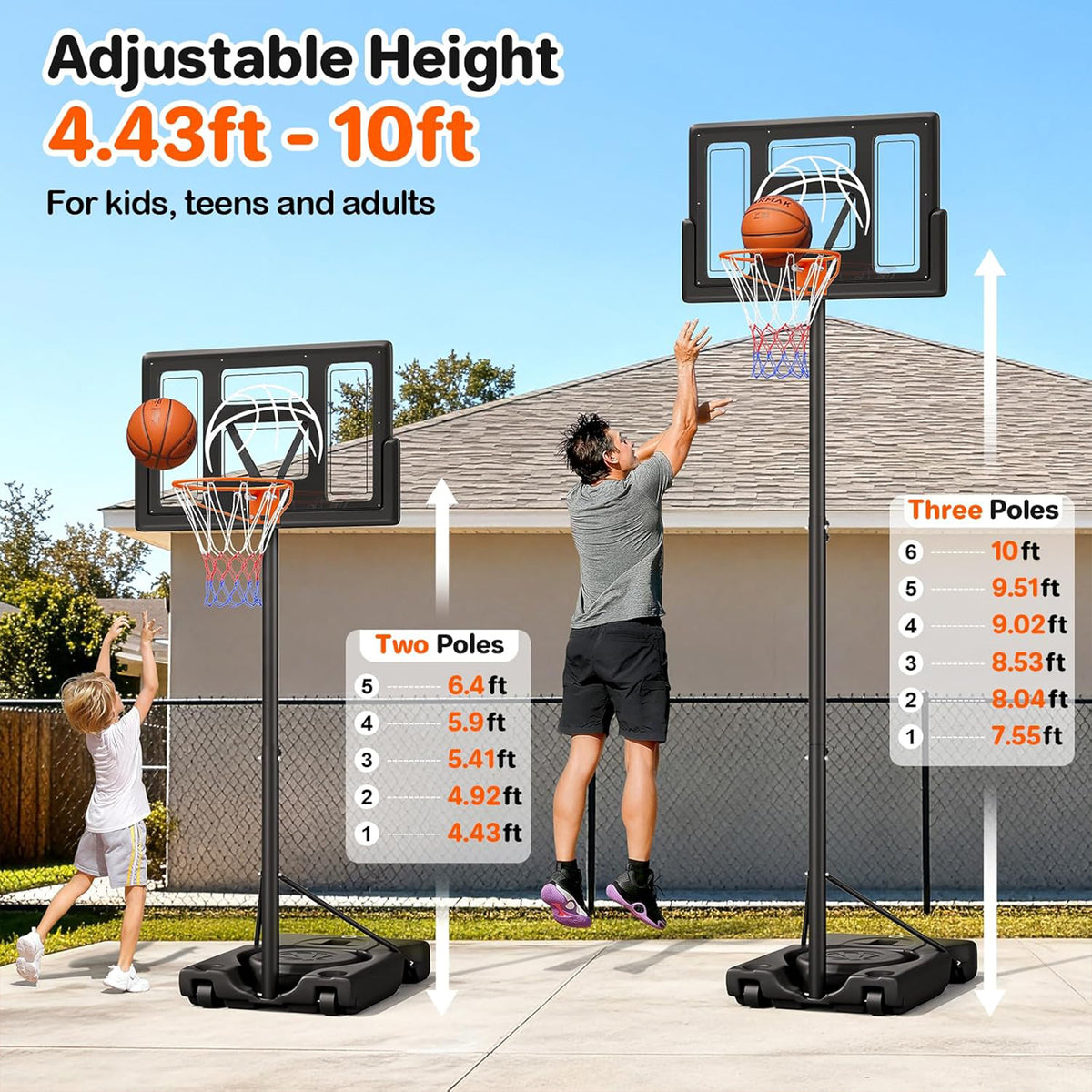 Toremore 44" Basketball Hoop Outdoor 4.43-10ft Adjustable, Portable Basketball Hoop Goal System with Shatterproof Backboard and Larger Base for Kids Youth and Adults