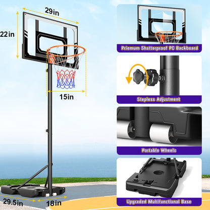 Toremore Kids Basketball Hoop Outdoor, 3.5-7ft Stepless Adjustable Height, Portable Basketball Hoop for Kids, Shatterproof PC Backboard
